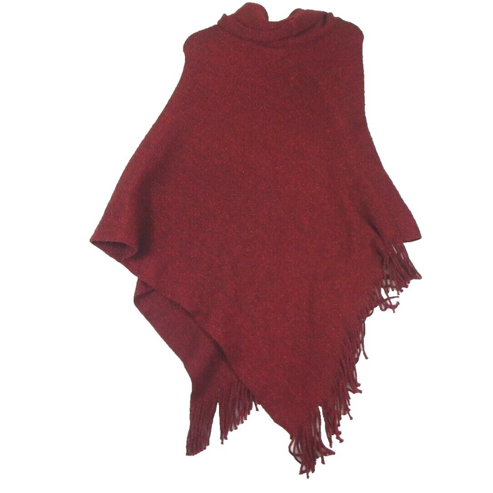 Chicos Womens Burgundy Red Metallic Knit Fringe Cowl Neck Poncho One‎ Size